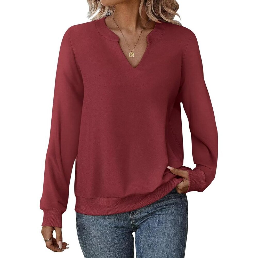 Women's Cotton Rayon Spandex V-Neck Sweatshirt Long Sleeve Casual Top